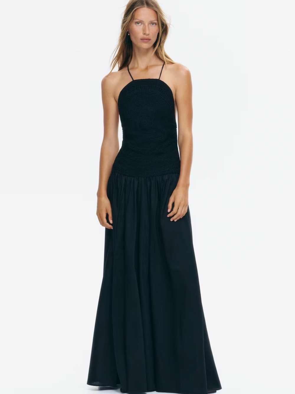 H&M Black Crochet Bodice Halter Maxi Dress